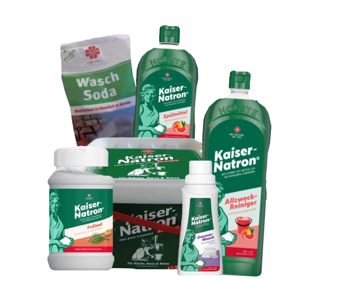 Kaiser-Natron Set     bestehend aus: Kaiser-Natron 3490g, Waschsoda 500g, Kaiser-Natron Spülmittel 500 ml, Kaiser-Natron Allzweckreiniger 750 ml, Kaiser-Natron Daunen Wasch 250 ml Flasche und Kaiser-Natron Fußbad 500g